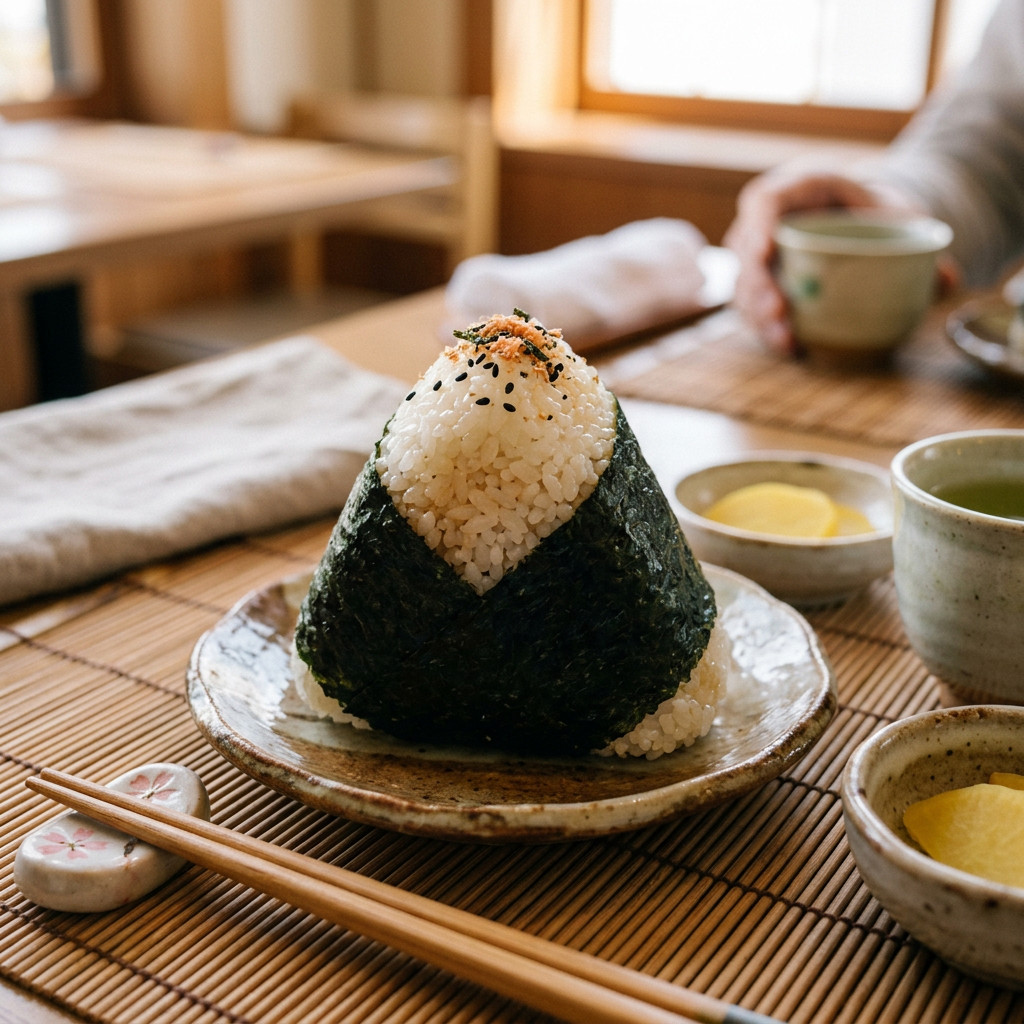 Viajes a Japón Triangular onigiri rice ball wrapped in seaweed on a ceramic plate with chopsticks and small bowls of pickles and tea