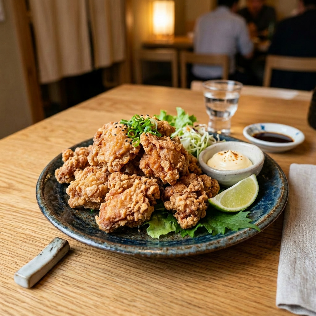 Viajes a Japón Plate of crispy Japanese karaage chicken with lemon wedge, mayonnaise, and salad